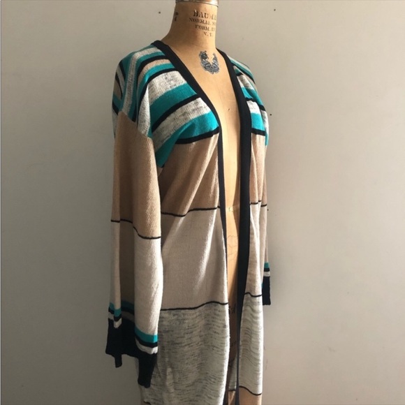 Free people] Linen Tan Black Jade Strips Maxi loose fit sweater kimono Duster - Picture 5 of 9